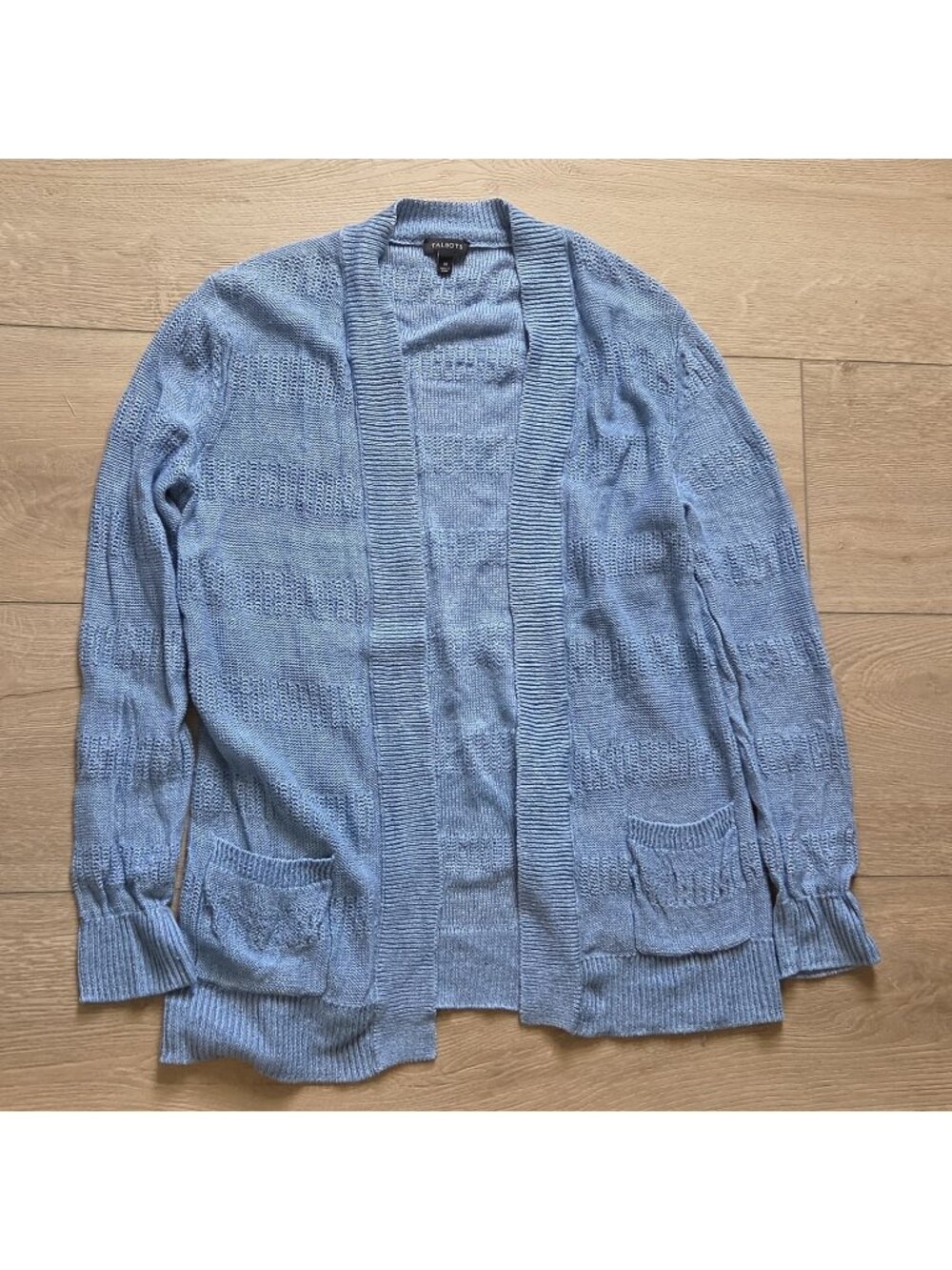 Talbots Blue 100% Linen Open Front Knit Cardigan Sweater Womens Medium